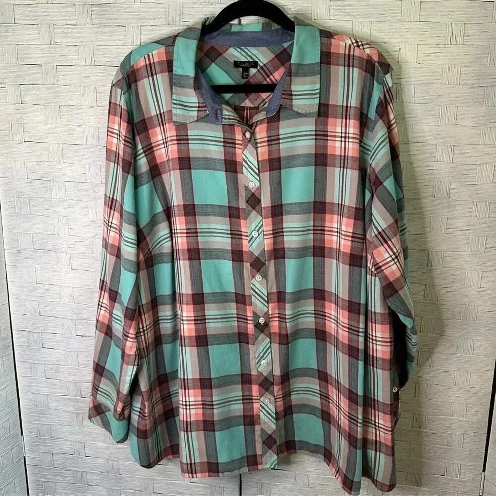 Talbots green pink plaid flannel button front shirt blouse, fall gorpcore petite